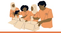 an illustration of a group of people putting boxes together